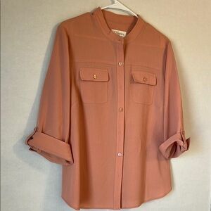 CJ Banks Button Up Roll Tab Sleeve Mandarin Collar Coral Shirt. Size X